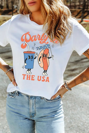 White polyester t-shirt with retro graphic of a soda cup and hot dog saying Party in the USA