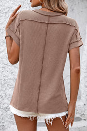 Camel vertical ribbed tunic tee with split hem and short sleeves.