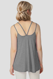 Gray trapeze cami with double spaghetti straps and a rounded hem.