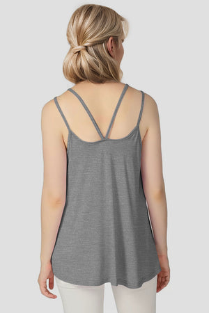 Gray trapeze cami with double spaghetti straps and a rounded hem.