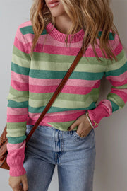 Striped crewneck knit sweater with pink and green stripes.