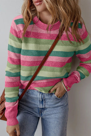 Striped crewneck knit sweater with pink and green stripes.
