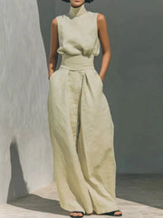Apricot sleeveless turtleneck and wide-leg pants set with belted waist