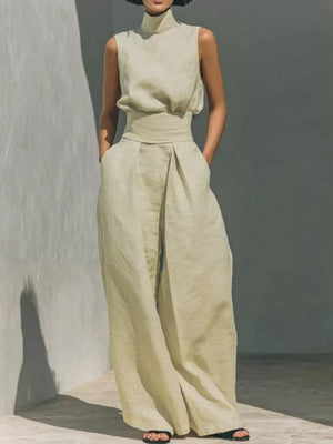 Apricot sleeveless turtleneck and wide-leg pants set with belted waist