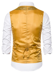 Gold sequin men's vest with adjustable back strap, worn over white shirt.