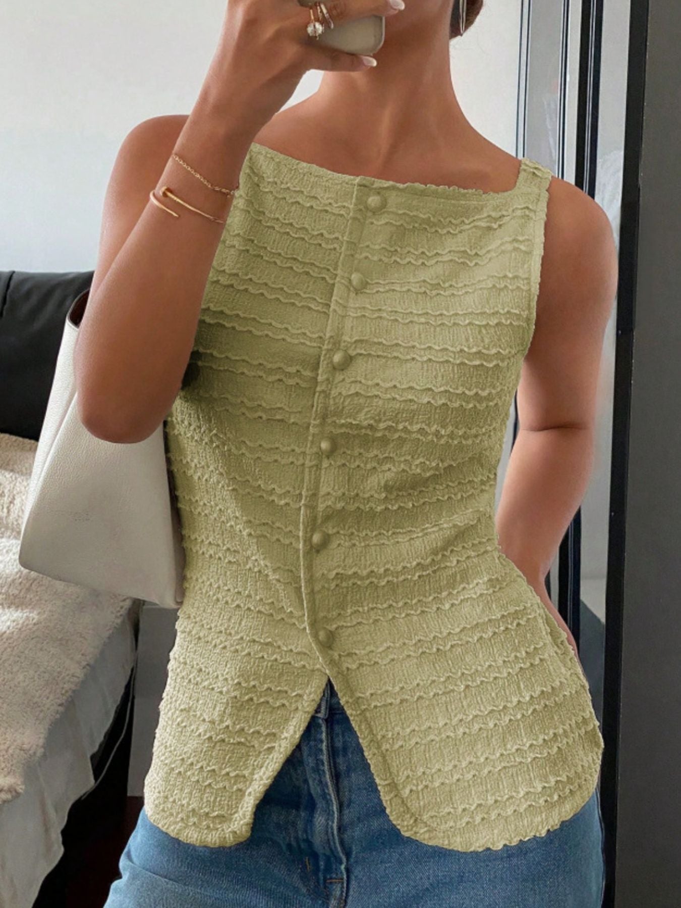 Yellow-green wavy textured button-front tank top with a square neckline.