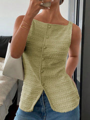 Yellow-green wavy textured button-front tank top with a square neckline.