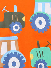 Boys' underwear with a playful tractor and firetruck pattern on orange cotton.
