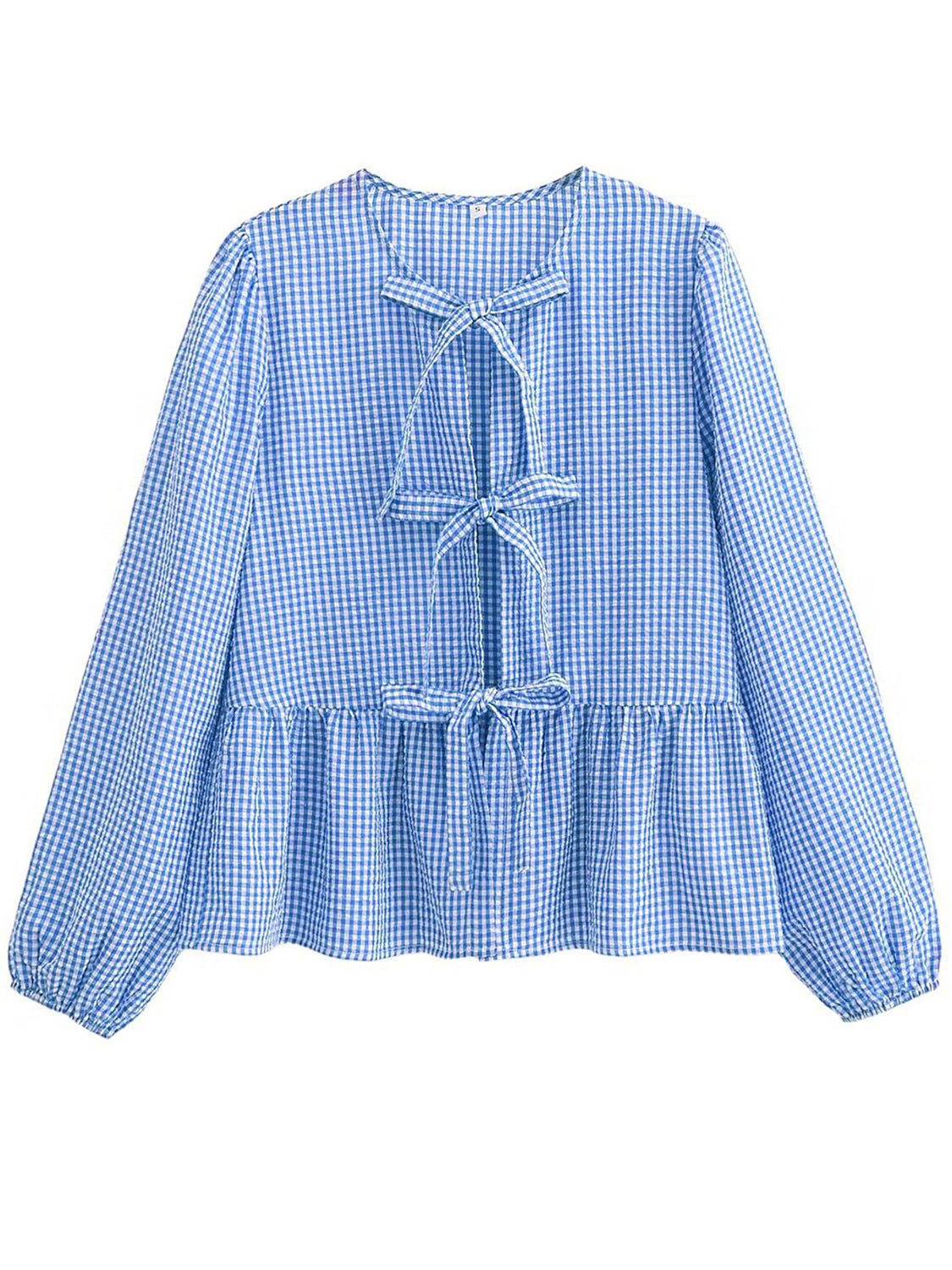 Light blue gingham tie-front peplum blouse with voluminous sleeves and bow details.