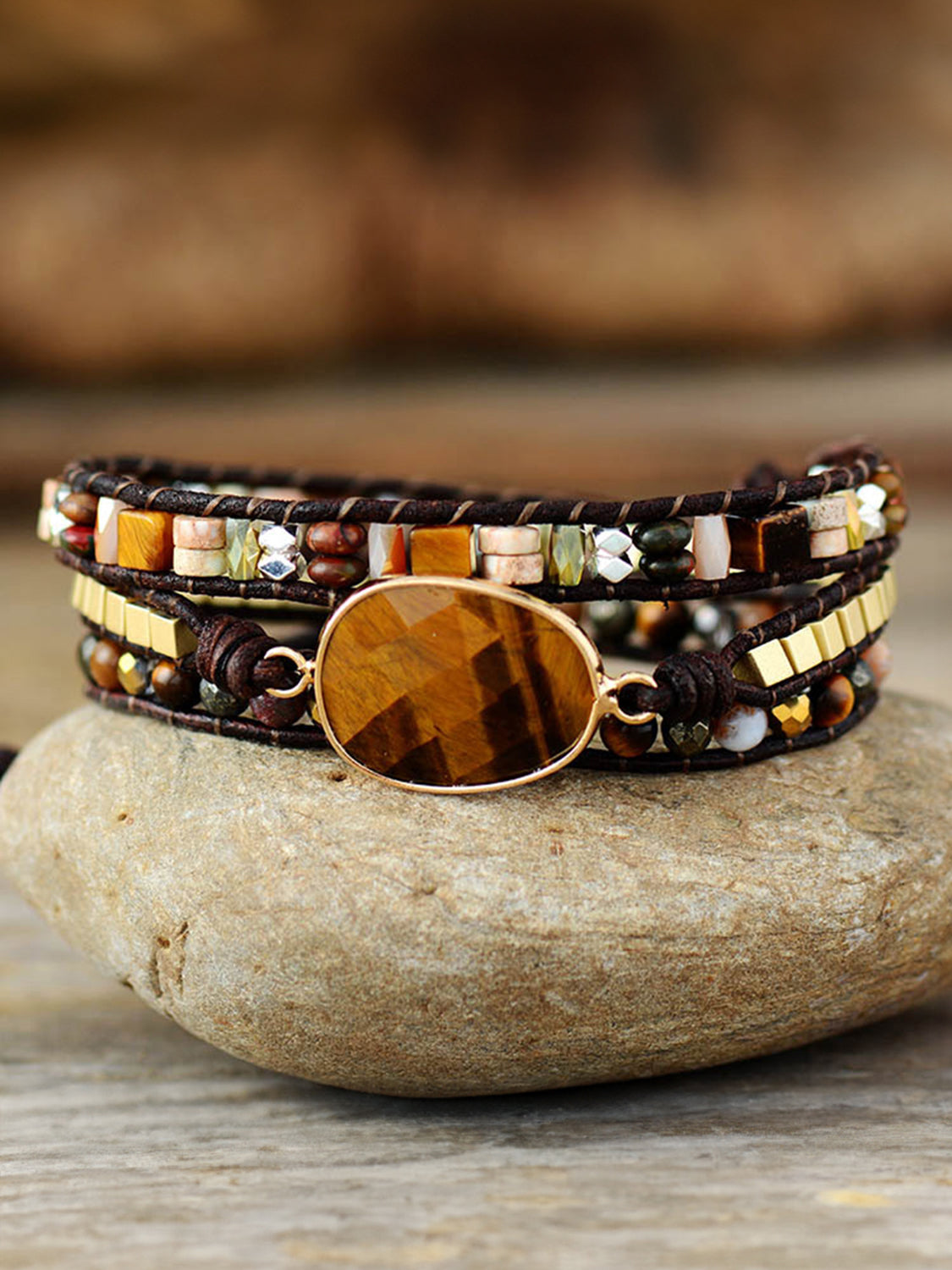 Wrap-around bracelet with tiger's eye stone and mixed beads on leather cord