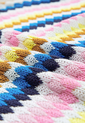 Textured knit sweater with a multicolor chevron stripe pattern and contrast trim detail.