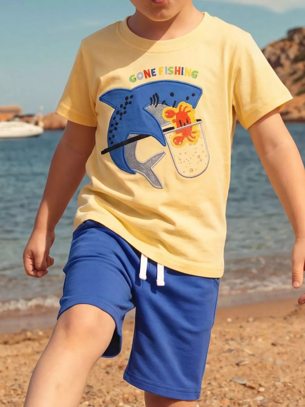 Children's Shark Embroidered Round Neck Tee And Shorts Set, front view