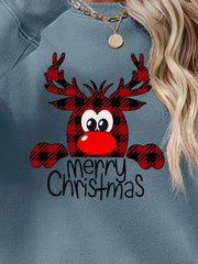 Plaid reindeer graphic sweatshirt in Misty Blue with Merry Christmas text.