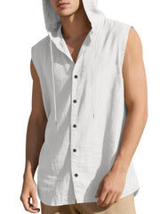 White casual sleeveless hooded men's shirt with button front and drawstring hood.