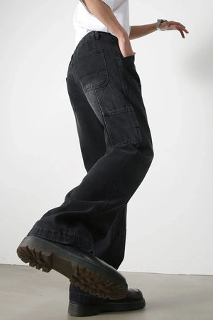 Dark denim wide leg carpenter jeans with utility pockets and a relaxed fit.