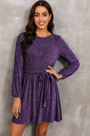Violet textured pleated mini dress with long sleeves and a tie waist.