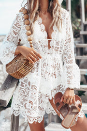 White floral lace bell sleeve cover-up with deep V-neck and scalloped hem.