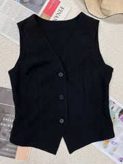 Black tailored sleeveless vest with V-neckline and button-front closure.