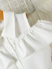 Toddler ruffled cold-shoulder top with button detail and collar.
