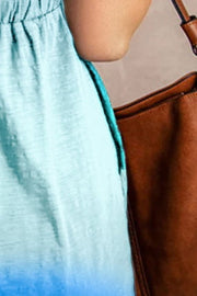 Blue ombre button-down dress with elastic waist detail.