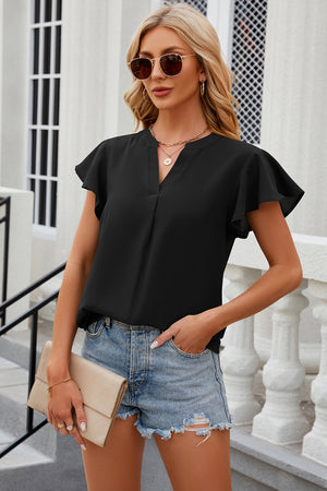 Black flutter sleeve v-neck blouse with a relaxed fit.