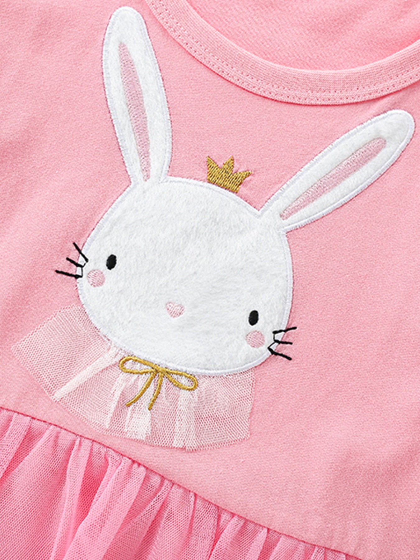 Pink toddler dress with bunny applique, crown, tulle collar, and bow.
