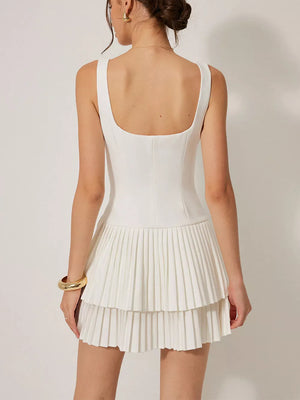 White square neck mini dress with tiered pleated skirt