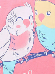 Baby cotton t-shirt with charming bird print, pink and blue birds on a branch.