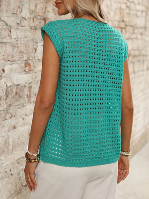 Turquoise open-knit sleeveless cardigan with a relaxed fit and subtle hole pattern.