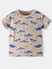 Toddler crew neck t-shirt with all-over blue shark print on beige fabric.