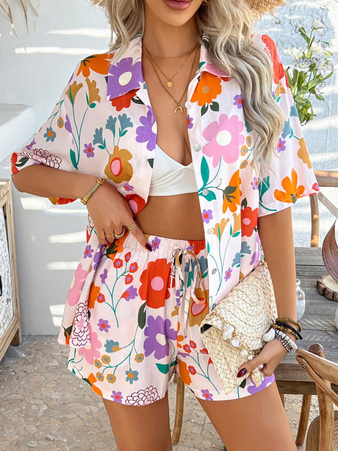 Coastal Tile Print Co-ord Set with button-up shirt and drawstring shorts in multicolor floral pattern.