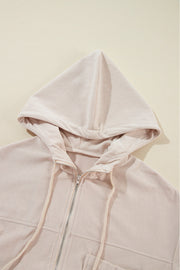 Cream corduroy bomber hoodie with zipper and drawstring hood detail