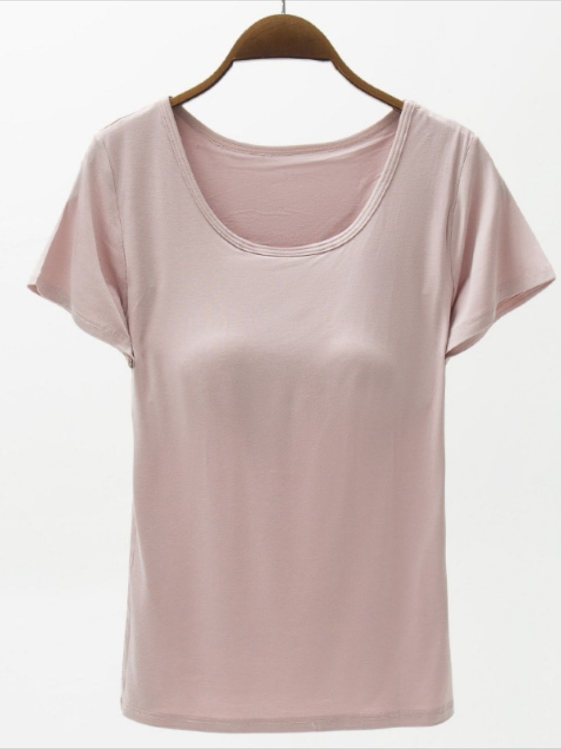 Dusty Pink scoop neck t-shirt with built-in bra and short sleeves.