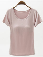 Dusty Pink scoop neck t-shirt with built-in bra and short sleeves.