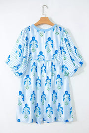 Floral stripe mini dress with puff sleeves and blue floral print.