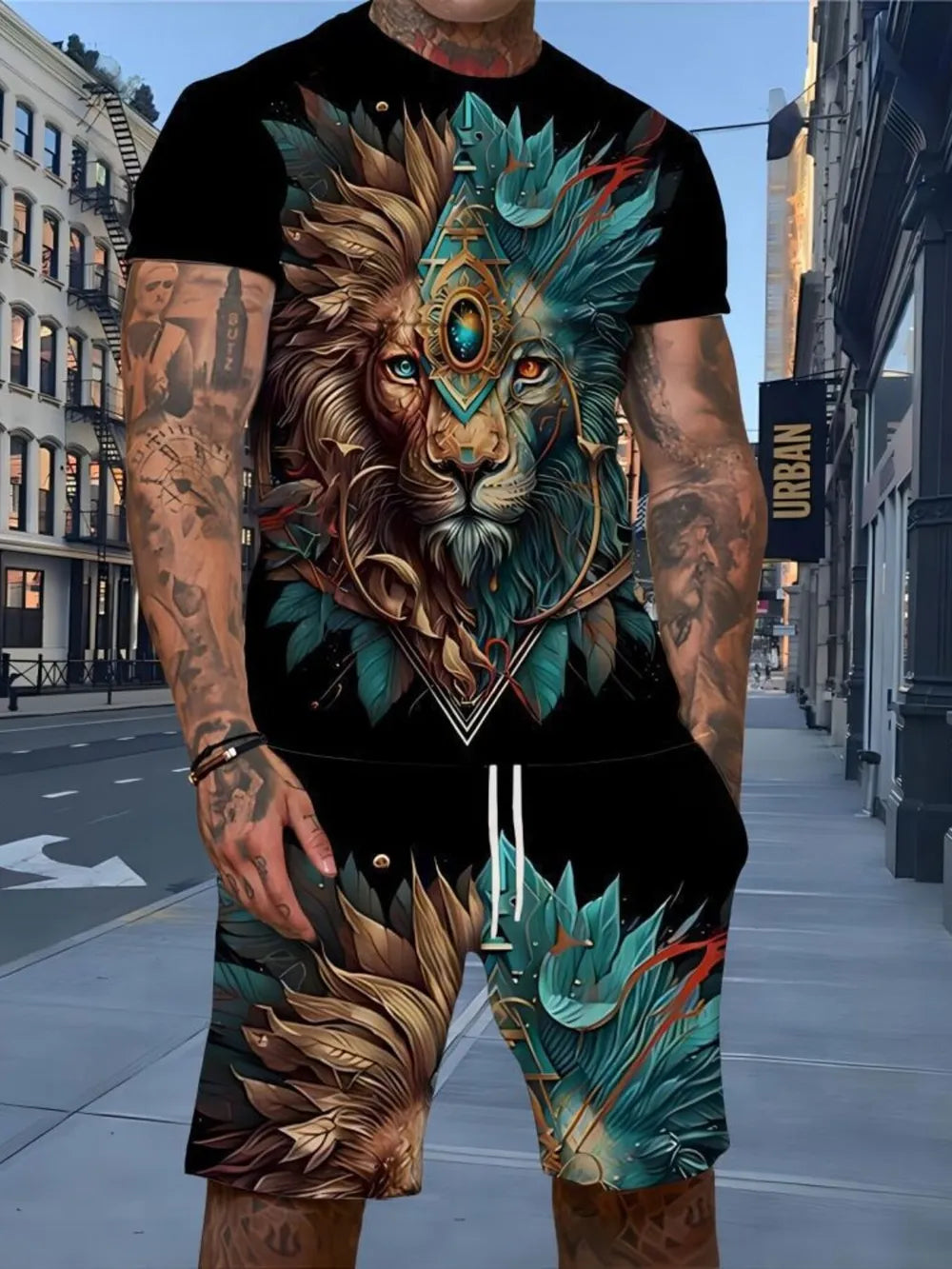 Men's Full Size Round Neck Tee And Shorts Set, model styling view
