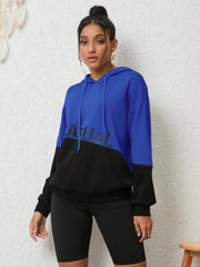 Royal blue and black colorblock hoodie with "CASUAL" graphic and front pocket.