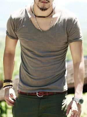 Men's Khakis relaxed scoop neck cotton tee with rolled sleeves.