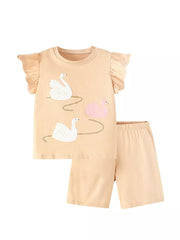 Girls' cotton undershirt set with swan print and ruffle sleeves, paired with elastic waist shorts.