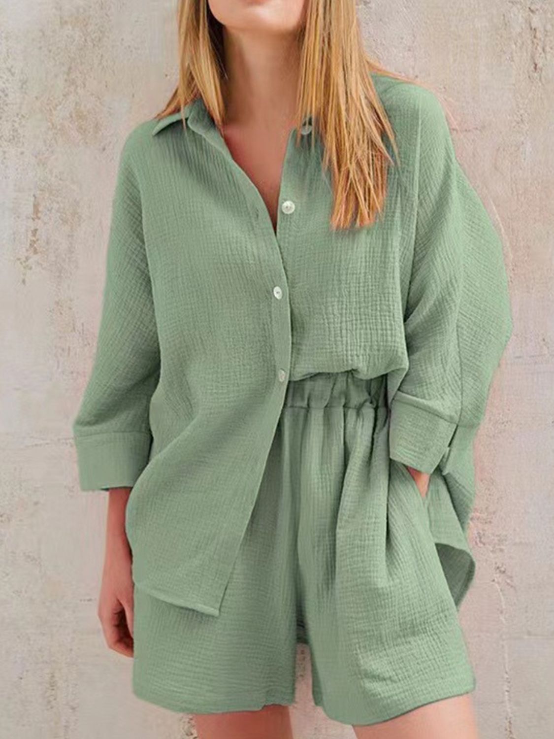 Light green gauze cotton resort shirt and shorts set with button front and elastic waist shorts.