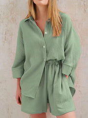 Light green gauze cotton resort shirt and shorts set with button front and elastic waist shorts.