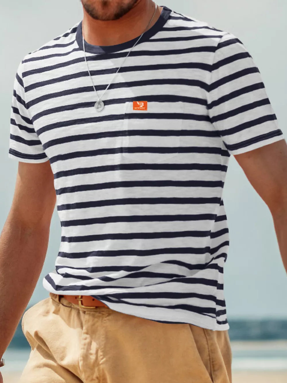 Men's Full Size Striped Pocket Short Sleeve T-shirt in Navy Blue, front view