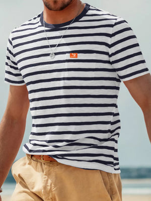 Men's Full Size Striped Pocket Short Sleeve T-shirt in Navy Blue, front view
