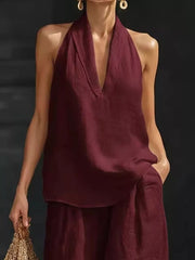Burgundy halter neck top with flowing wide-leg pants set, V-neck, sleeveless, casual women's outfit