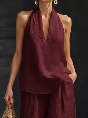 Burgundy halter neck top with flowing wide-leg pants set, V-neck, sleeveless, casual women's outfit
