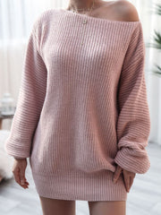 Light Mauve acrylic sweater dress with off-the-shoulder neckline and balloon sleeves.