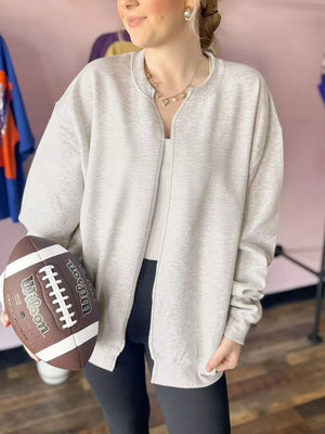 zip-up sweater in heather grey featuring zipper and relaxed fit