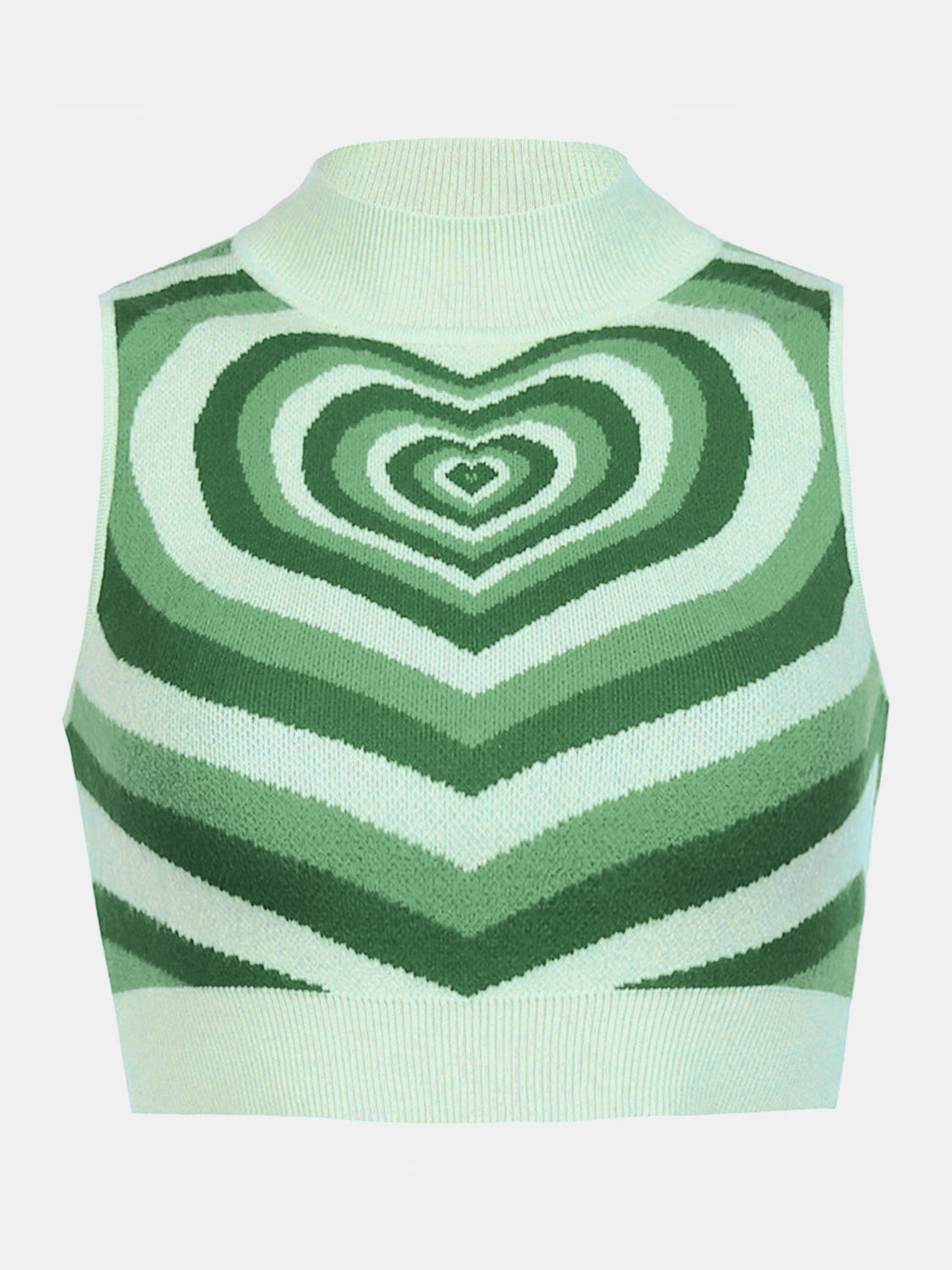 Light green knit tank top with concentric heart intarsia pattern and mock neck.