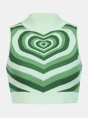 Light green knit tank top with concentric heart intarsia pattern and mock neck.