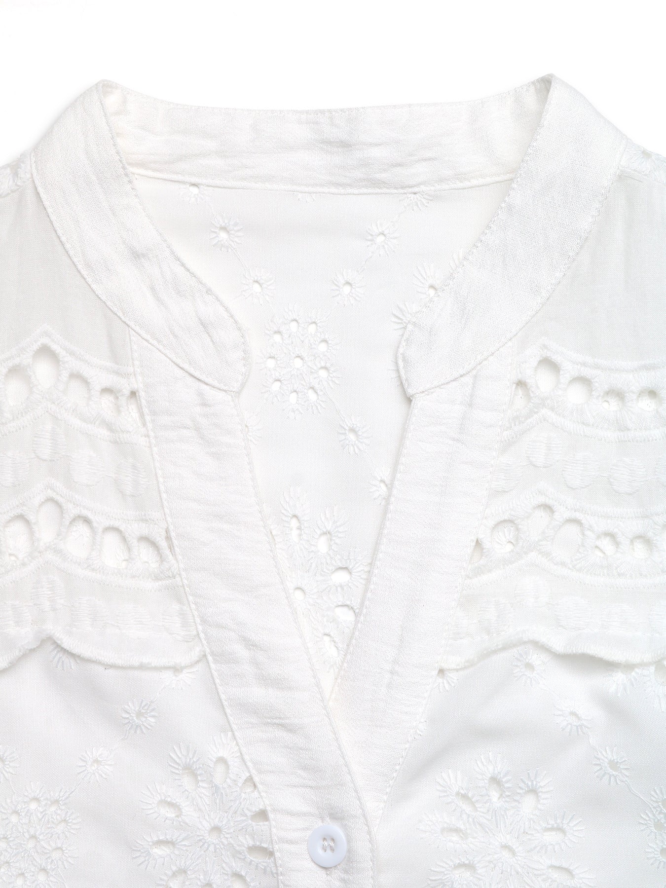 White eyelet embroidered button-up maternity shirt with V-neck and cutouts.